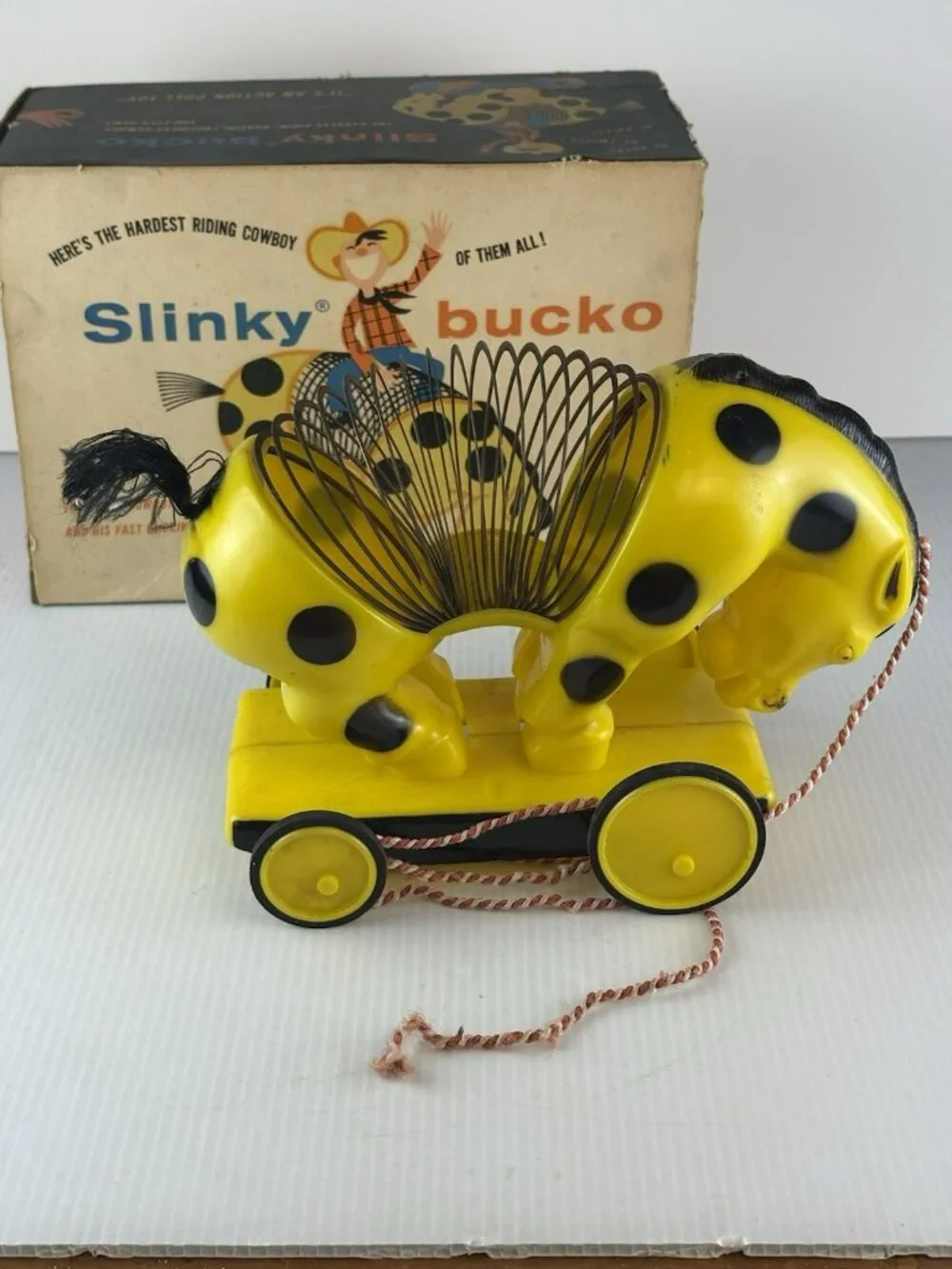 Vintage Slinky Bucko Bucking Pull Toy Cowboy 1950s With original Box